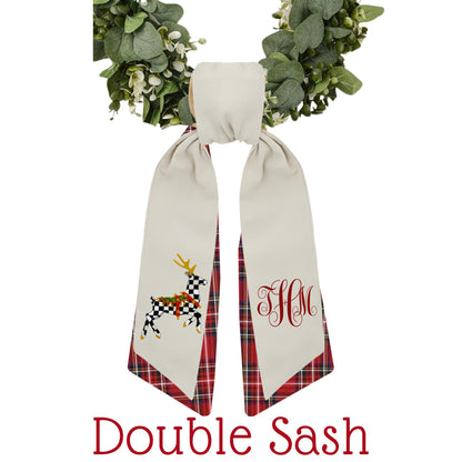 Embroidered Christmas Wreath Sash: Personalized Holiday, Courtly Check Door Hanger