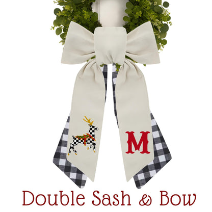 Personalized Embroidered Christmas Wreath Sash: Black and White Check, Holiday Farmhouse Deer Door Hanger