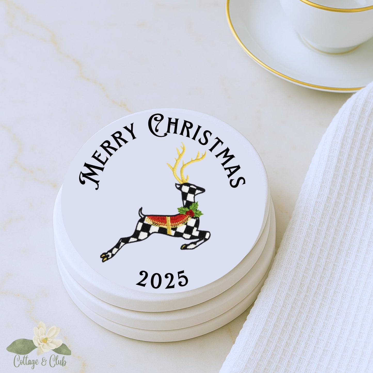 Courtly Check Ceramic Coaster Set, Black and White, Personalized Gift