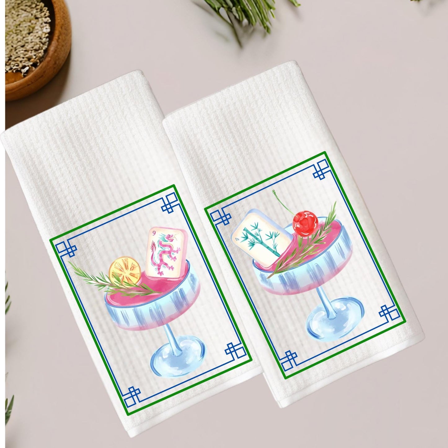 Mahjong Tea Towel Cocktail Set of Two Waffle Weave Tea Towels: Chinoiserie Tile Print, Grand Millennial Decor