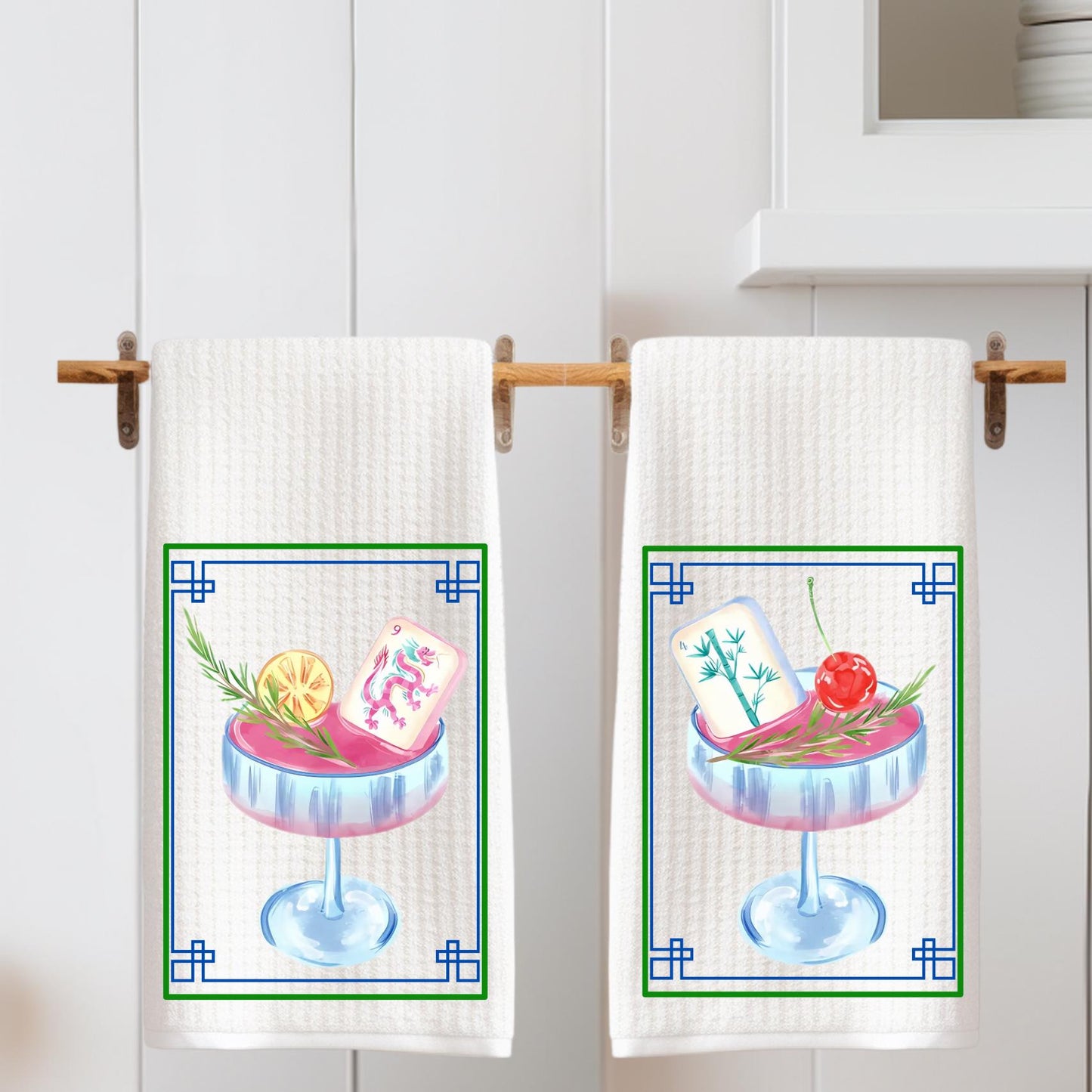 Mahjong Tea Towel Cocktail Set of Two Waffle Weave Tea Towels: Chinoiserie Tile Print, Grand Millennial Decor