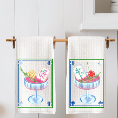Mahjong Tea Towel Cocktail Set of Two Waffle Weave Tea Towels: Chinoiserie Tile Print, Grand Millennial Decor