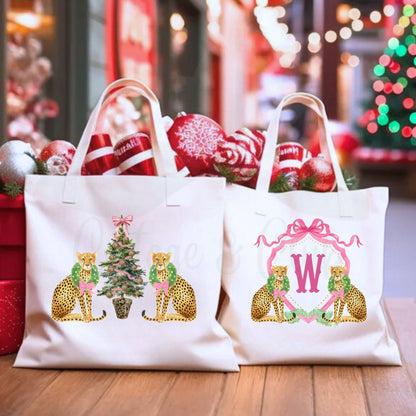 Preppy Pink and Green Christmas Tote Bag - Reusable Shopping Bag - Custom Gift Bag