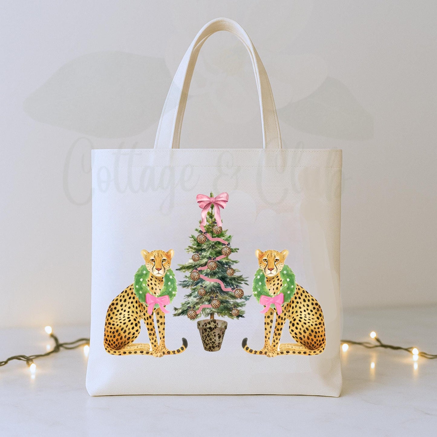 Preppy Pink and Green Christmas Tote Bag - Reusable Shopping Bag - Custom Gift Bag