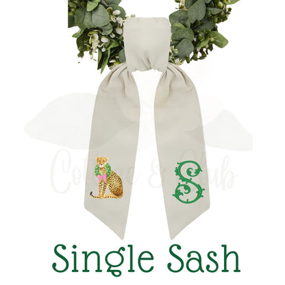 Pink and Green Cheetah Embroidered Wreath Sash with Coordinating Second Sash, Personalized Door Decor, Holiday Wreath Accessory