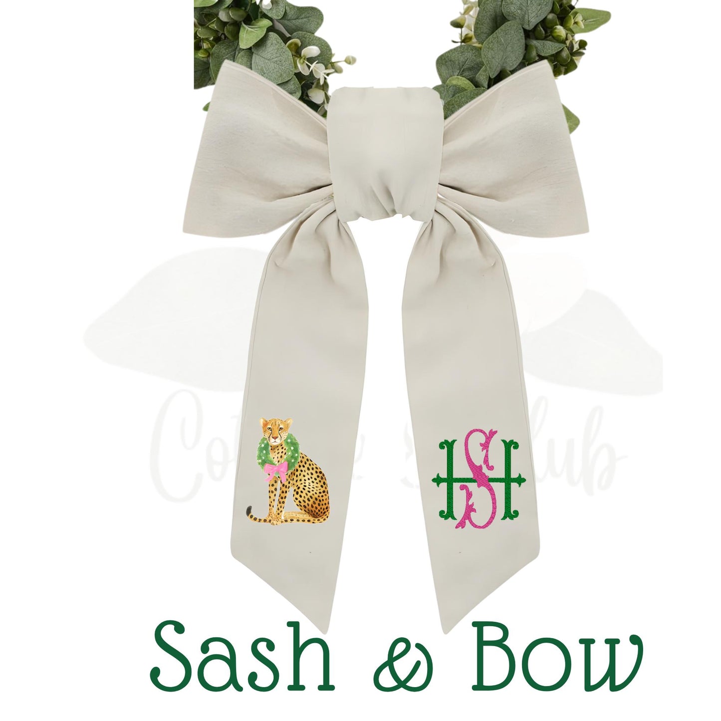 Pink and Green Cheetah Embroidered Wreath Sash with Coordinating Second Sash, Personalized Door Decor, Holiday Wreath Accessory