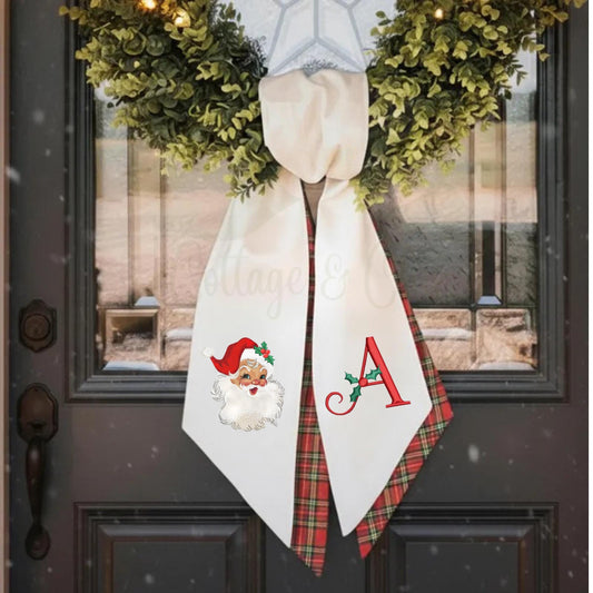 Vintage Santa Claus Embroidered Christmas Wreath Sash: Coordinating Sash Available - Holiday Door Hanger - Personalized  Front Door Decor