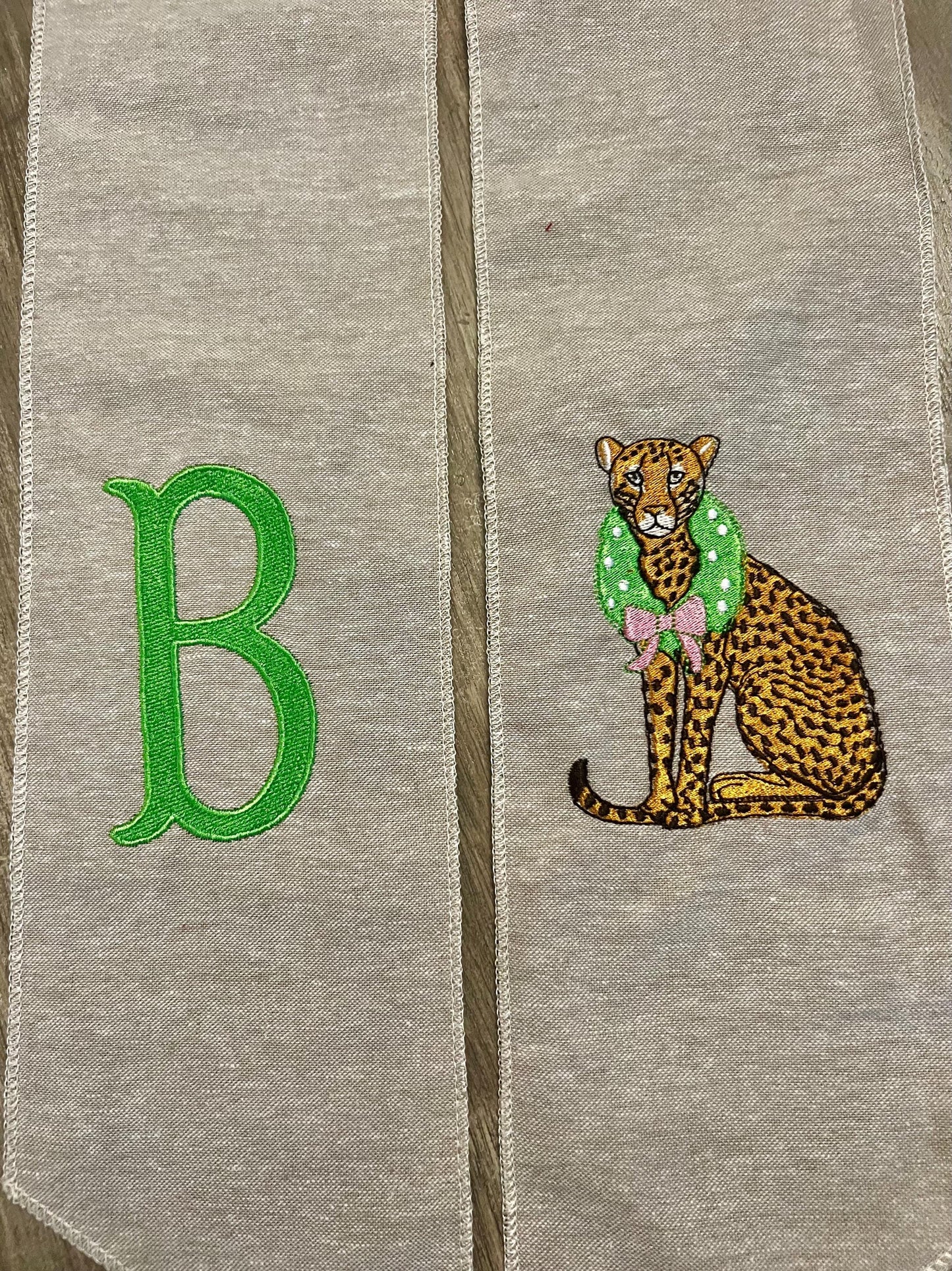 Pink and Green Cheetah Embroidered Wreath Sash with Coordinating Second Sash, Personalized Door Decor, Holiday Wreath Accessory