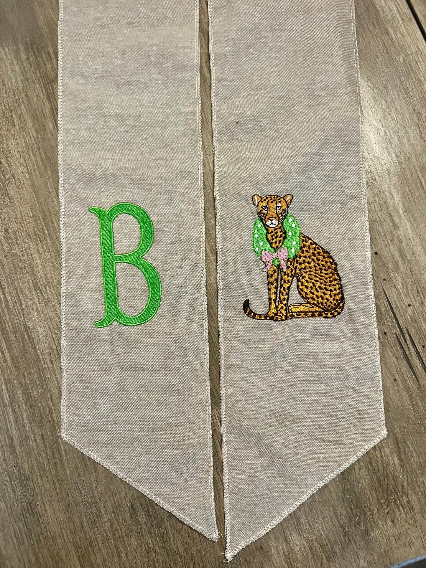 Pink and Green Cheetah Embroidered Wreath Sash with Coordinating Second Sash, Personalized Door Decor, Holiday Wreath Accessory