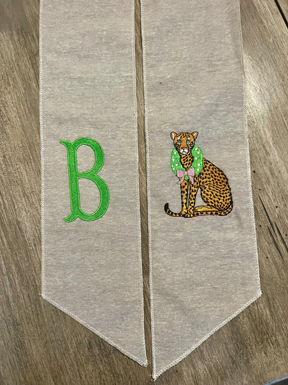 Pink and Green Cheetah Embroidered Wreath Sash with Coordinating Second Sash, Personalized Door Decor, Holiday Wreath Accessory