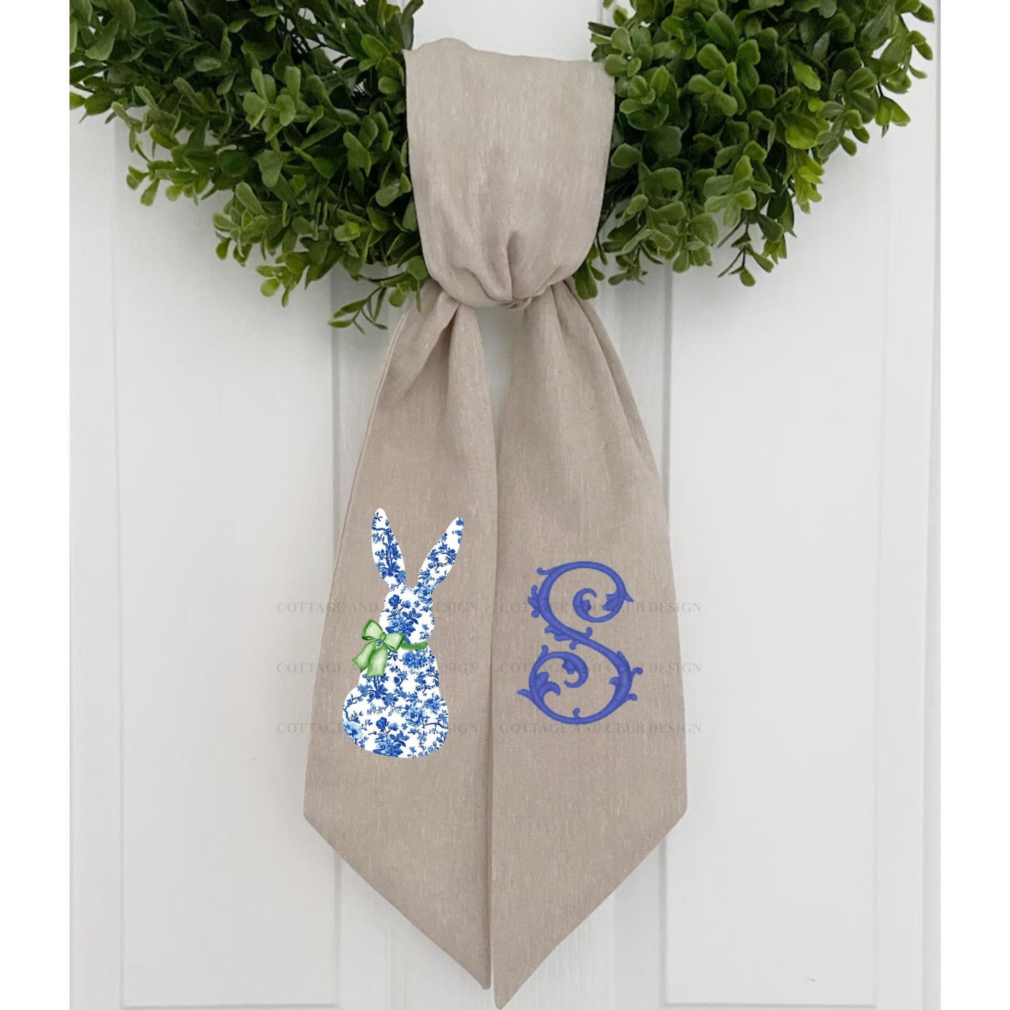 Easter Blue & White Bunny Rabbit Embroidered Wreath Sash | Personalised Front Door Decor | Seasonal Door Hanger | Monogram Wreath Sash