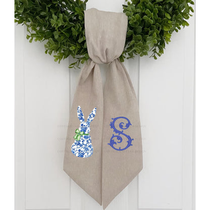 Easter Blue & White Bunny Rabbit Embroidered Wreath Sash | Personalised Front Door Decor | Seasonal Door Hanger | Monogram Wreath Sash