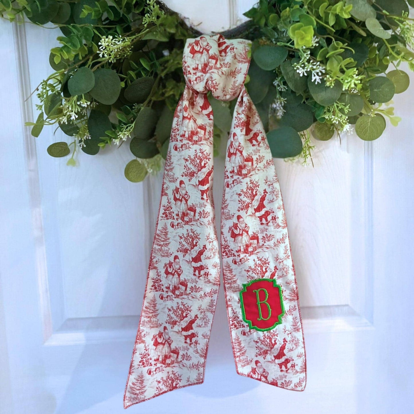 Vintage Santa Claus Toile Embroidered Christmas Farmhouse Wreath Sash: Holiday Door Hanger