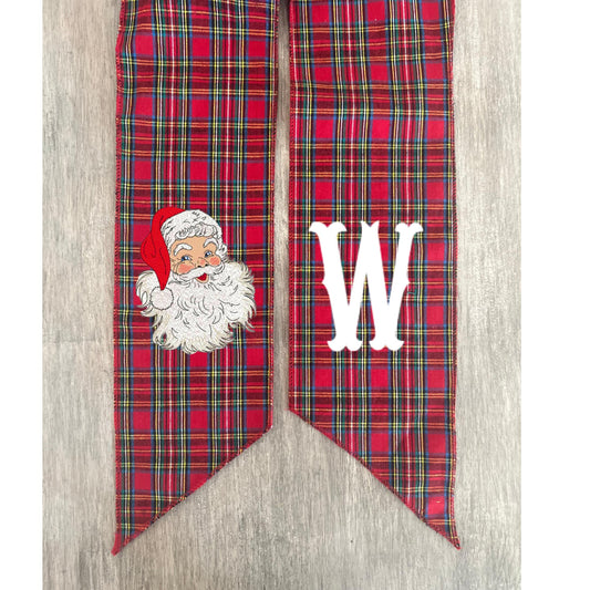 Vintage Santa Claus Face Embroidered Christmas Farmhouse Wreath Sash: Holiday Door Hanger