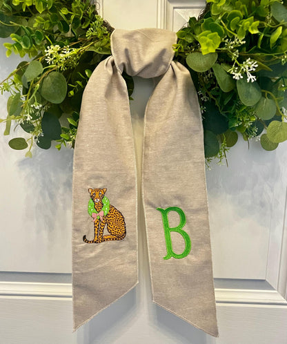 Pink and Green Cheetah Embroidered Wreath Sash with Coordinating Second Sash, Personalized Door Decor, Holiday Wreath Accessory