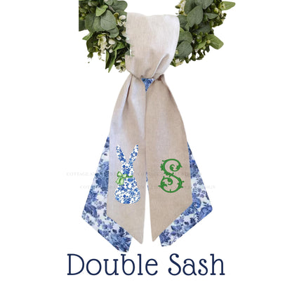 Easter Blue & White Bunny Rabbit Embroidered Wreath Sash | Personalised Front Door Decor | Seasonal Door Hanger | Monogram Wreath Sash
