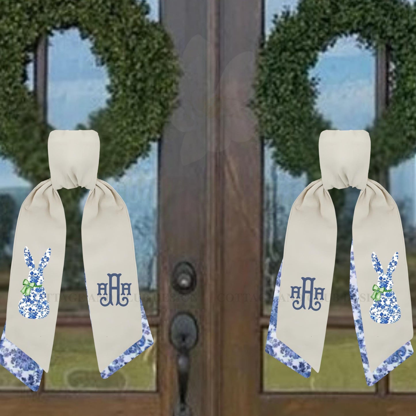 Easter Blue & White Bunny Rabbit Embroidered Wreath Sash | Personalised Front Door Decor | Seasonal Door Hanger | Monogram Wreath Sash