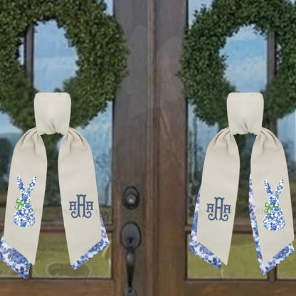 Easter Blue & White Bunny Rabbit Embroidered Wreath Sash | Personalised Front Door Decor | Seasonal Door Hanger | Monogram Wreath Sash