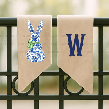 Easter Blue & White Bunny Rabbit Embroidered Wreath Sash | Personalised Front Door Decor | Seasonal Door Hanger | Monogram Wreath Sash