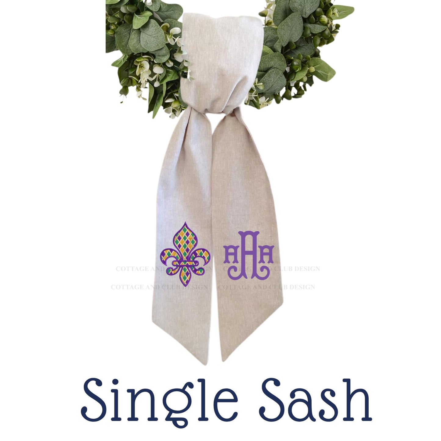 Mardi Gras Fleur De Lis Monogram Embroidered Wreath Sash