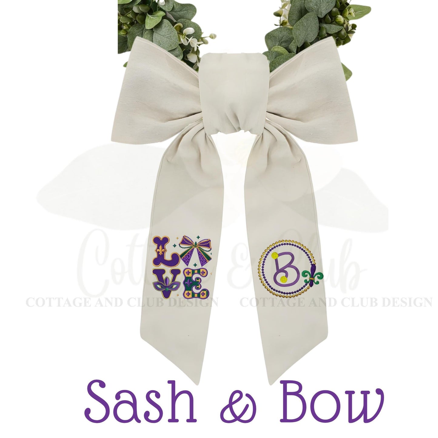 Mardi Gras Personalized Embroidered Wreath Sash with Optional Coordinating Sash
