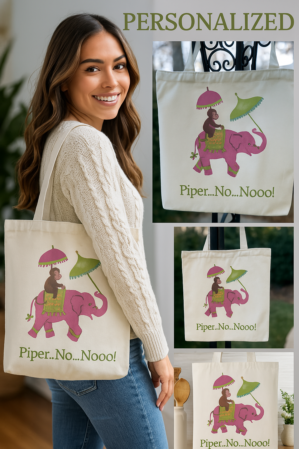 Piper No Nooo Tote Bag | Funny Southern White Lotus Quote Bag | Personalized Pink Elephant Canvas Market Bag Gift